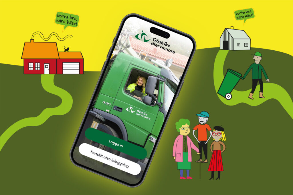 illustration med mobiltelefon som visar appens framsida
