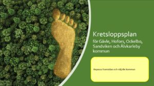 fotavtryck i skog, texten Kretsloppsplan för Gävle, Hofors, Ockelbo, Sandviken och Älvkarleby kommun. Bild visar första sidan av en powerpointpresentation